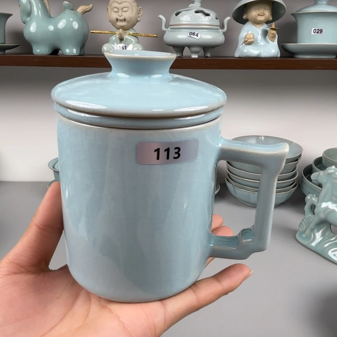 陶摆件汝瓷办公杯三件套圈足烧天青釉113