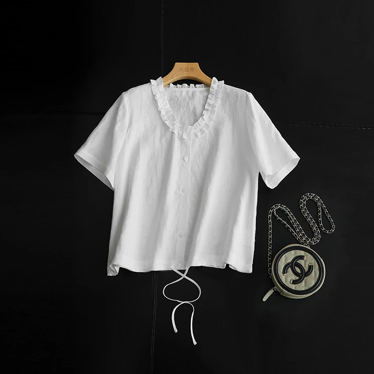 花边麻小衫！法式宫廷风！纯亚麻U领短袖直筒衬衫上衣女春夏新款