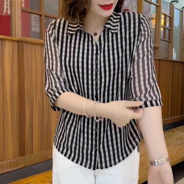 中老年女夏装妈妈衬衫2025新款洋气高贵小衫格子七分袖气质上衣潮