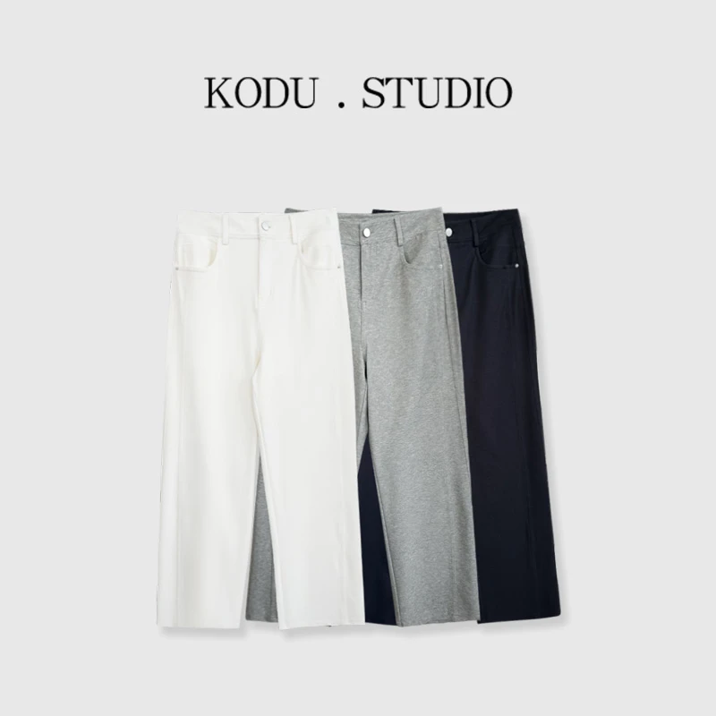 Y【刻度KODU】XZ-5050春夏季百搭纯色高腰斜纹侧拼接直筒阔腿休闲裤