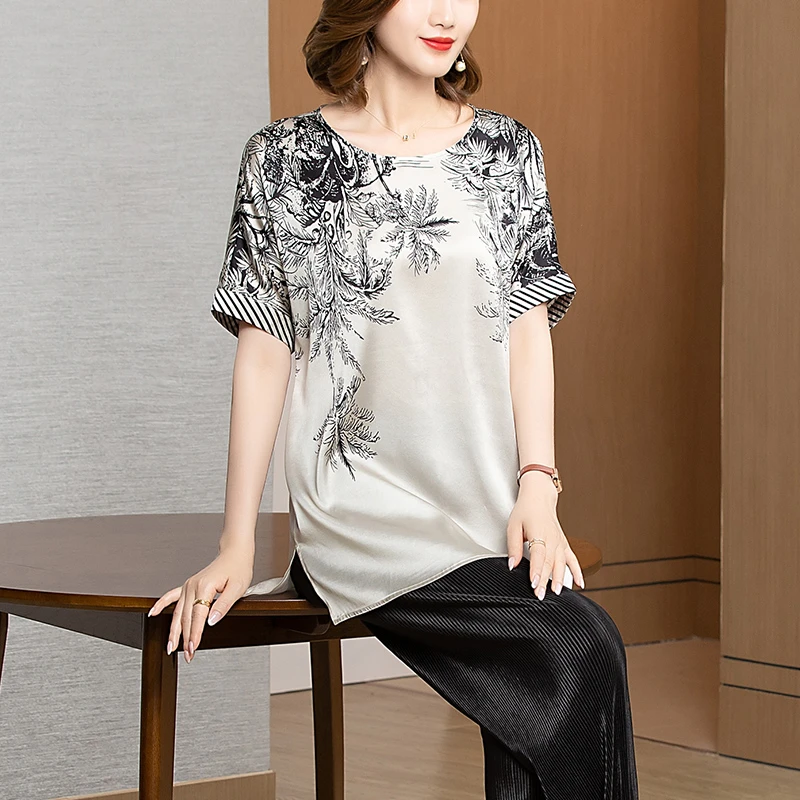 珂影依大码宽松重磅真丝衬衫女夏季新款复古印花洋气桑蚕丝上衣