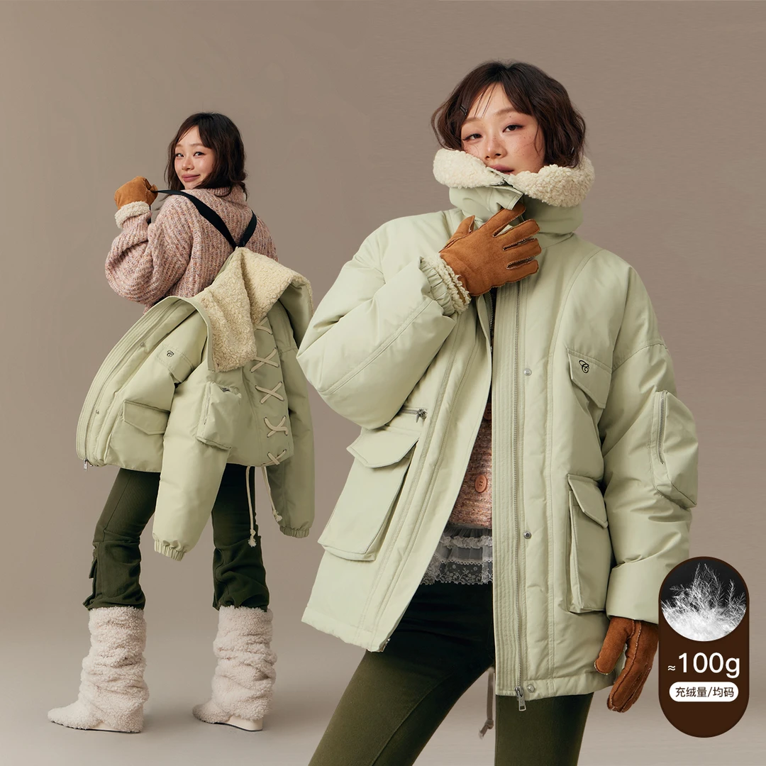 CHUU冬季女装宽松新国标90绒设计仿羊羔毛显瘦拼接百搭辣妹羽绒服