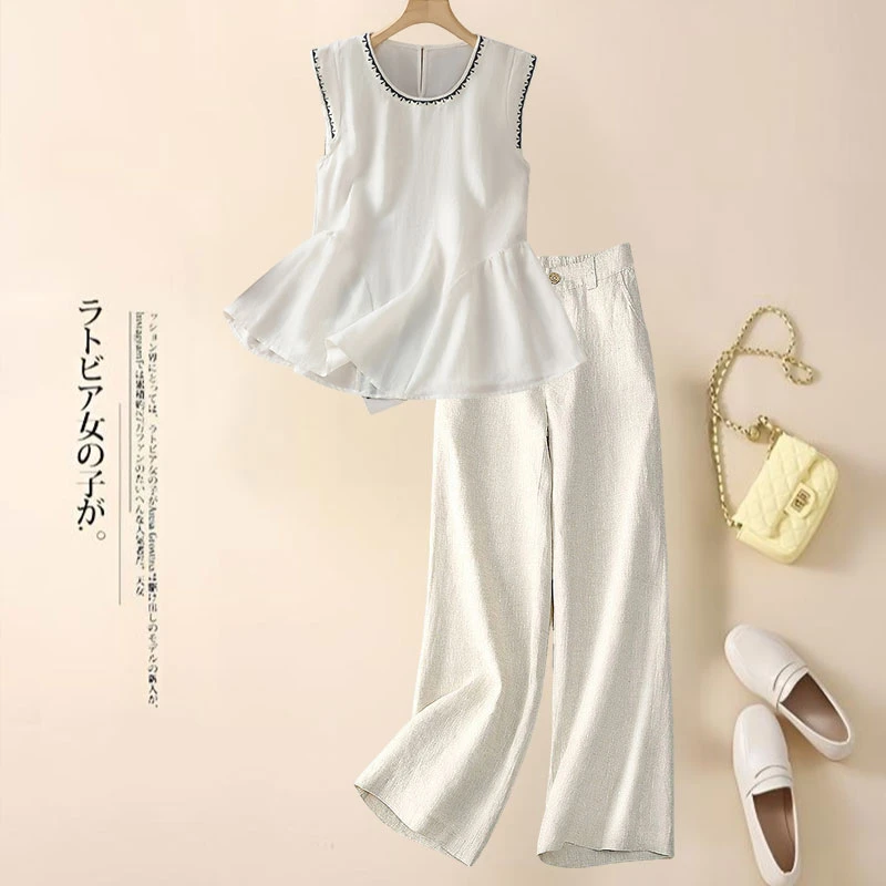 雪纺衫女洋气撞色无袖背心减龄宽松娃娃衫上衣高腰垂感长裤两件套