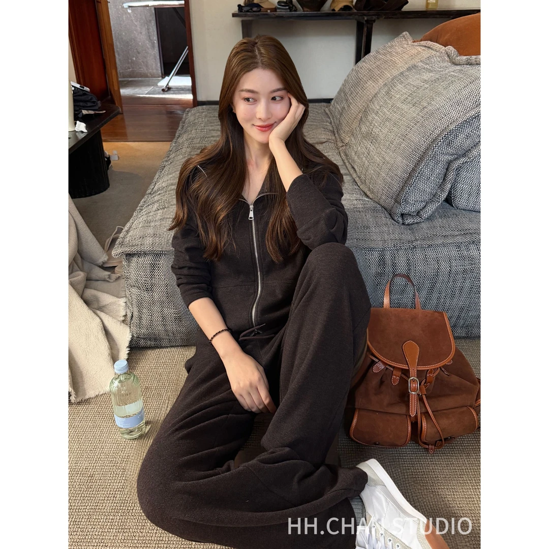 HH.CHAN“糯米套装”秋冬软糯运动咖色显瘦新款简约套装HH53J37935