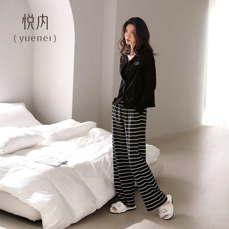 悦内睡衣女春秋季秋款纯棉长袖长裤家居服时尚显瘦黑色高级感条纹