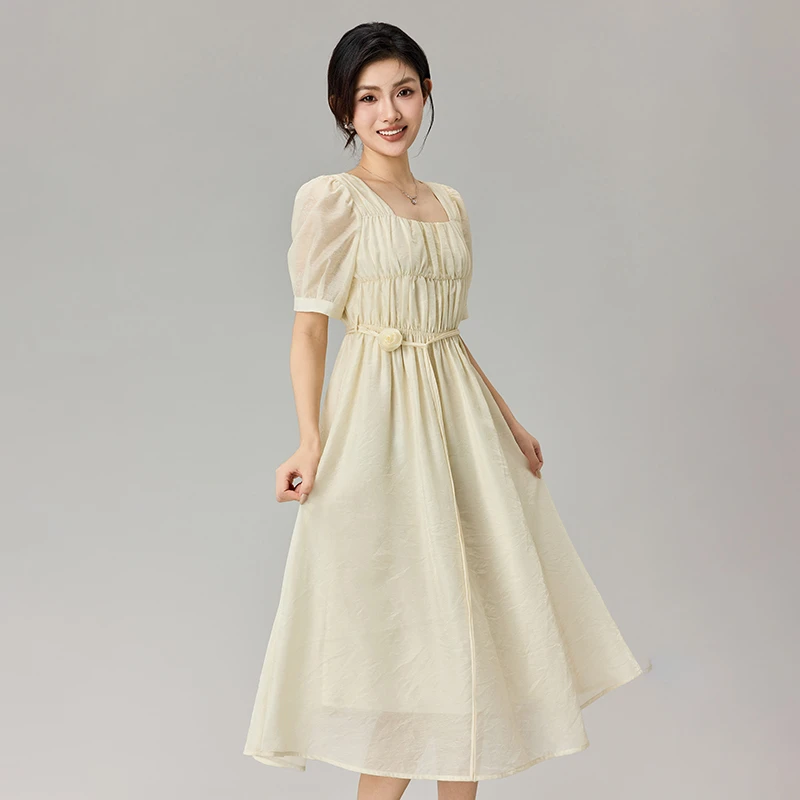 显瘦方领夏季春季短袖褶皱连衣裙裙子甜美女小众60095