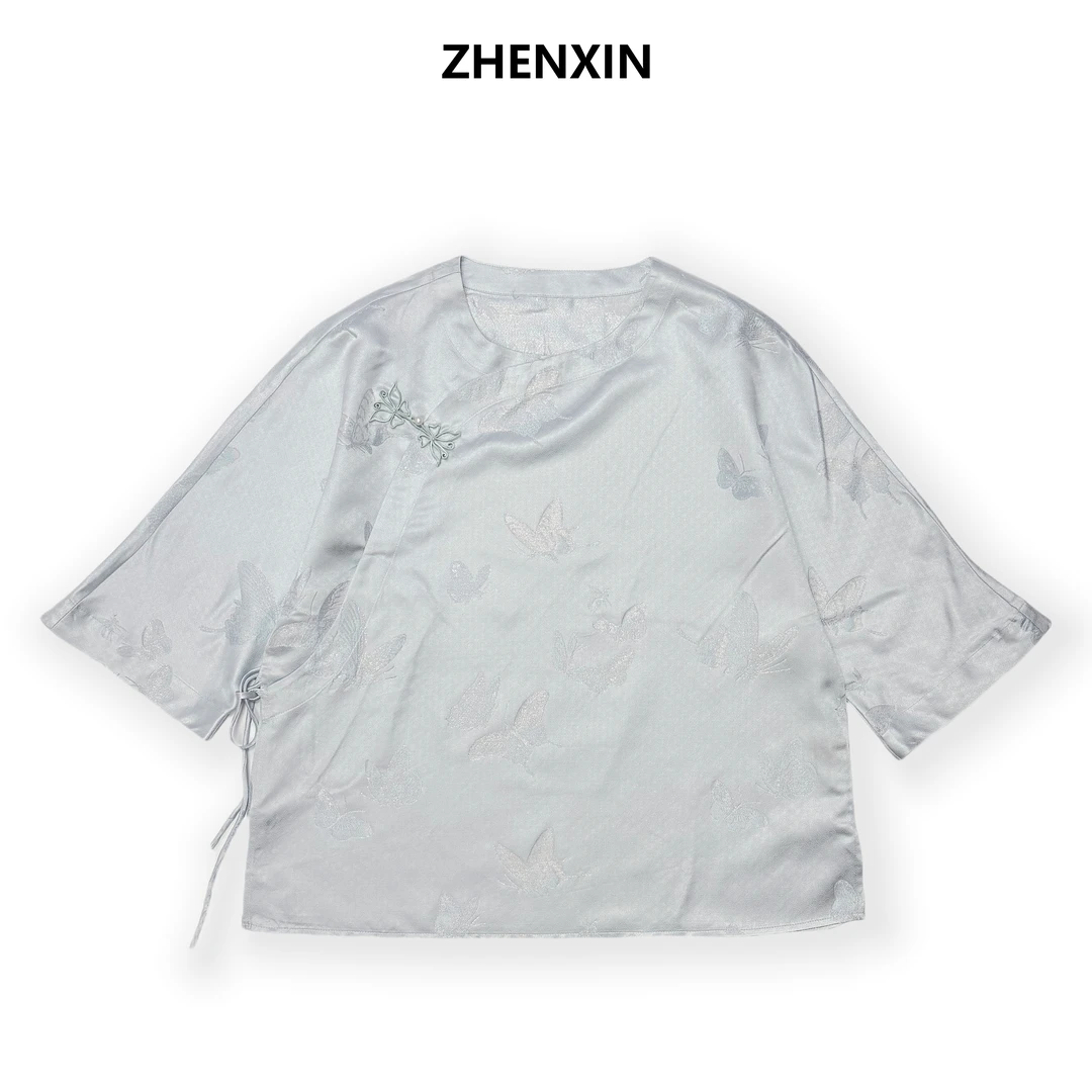 【蝴蝶】金通正娟毛衫真丝桑蚕丝短袖上衣百搭时尚气质春夏