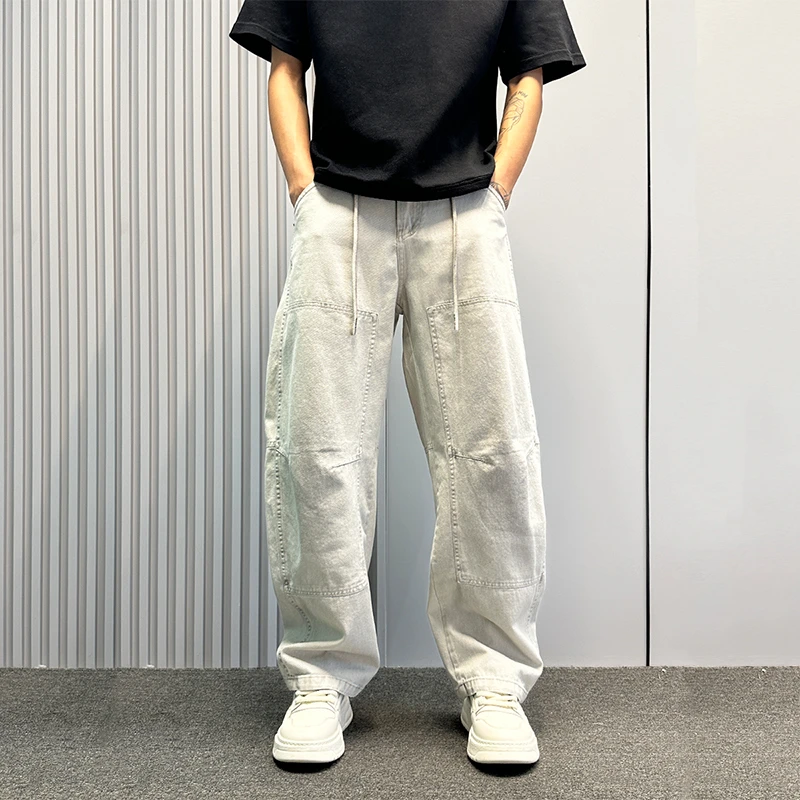 设计感圆月弯刀牛仔裤男款痞帅高级感夏薄款垂感高街休闲阔腿裤子