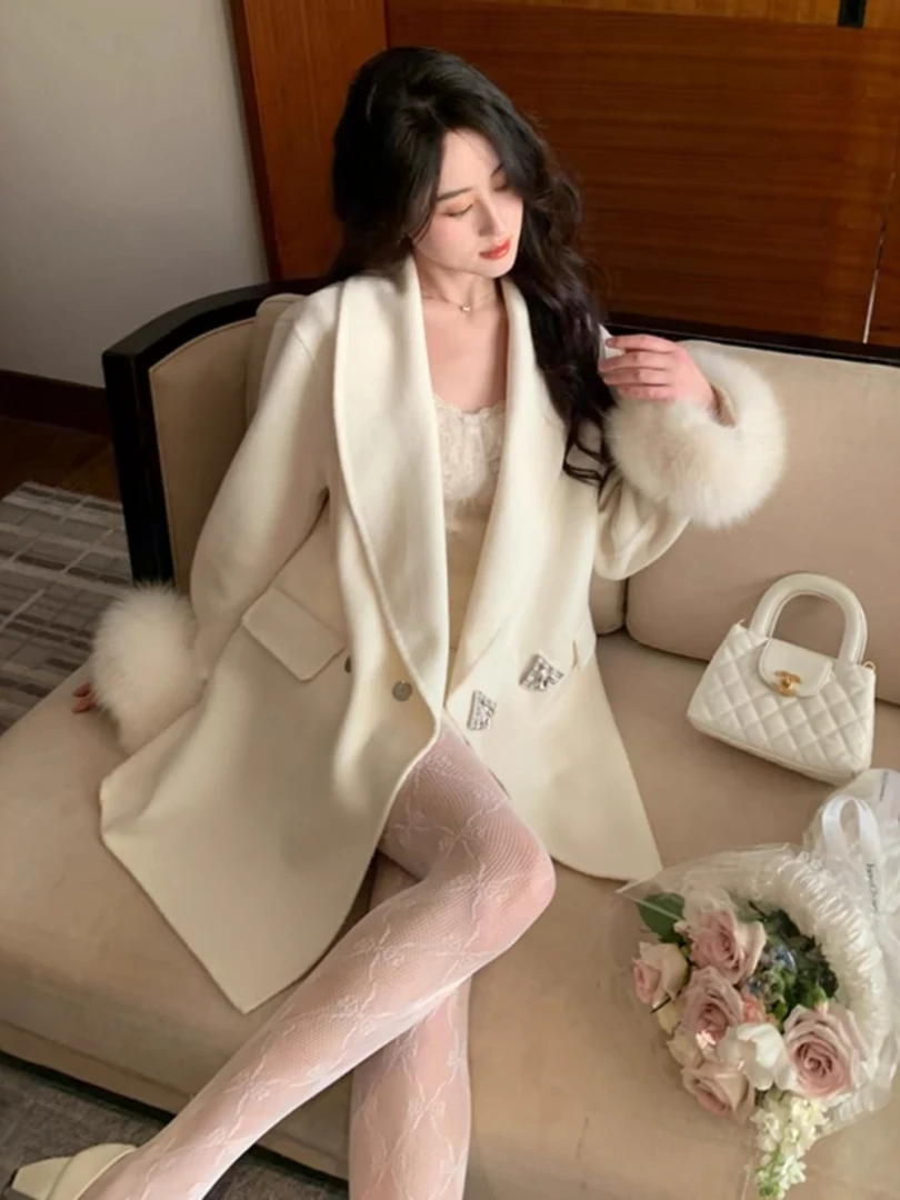 【心钻名媛】秋冬新款名媛气质水钻茧型翻领羊毛双面呢大衣西装外套