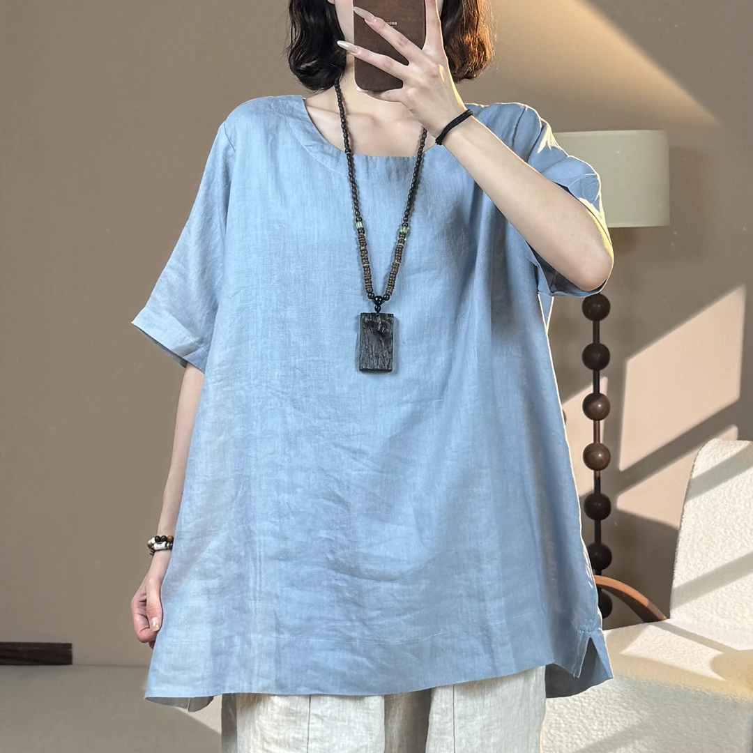 [璐璐家】100%亚麻非遗服饰新高端欧货大码T恤圆领短袖文艺女