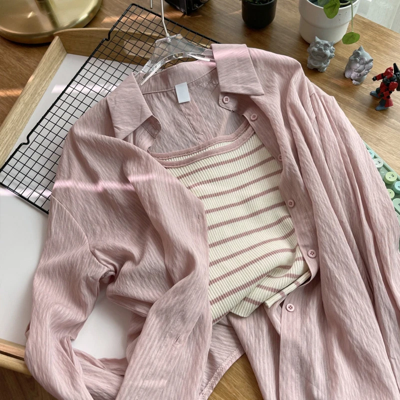 休闲粉色薄款亚麻长袖防晒衬衫女夏季外穿条纹吊带背心两件套上衣