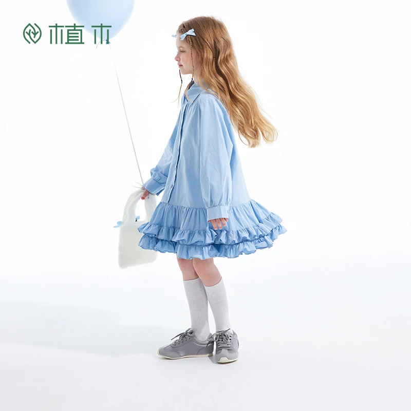 植木童装女童裙子2025春季新款中大童花边衬衣裙公主裙儿童连衣裙