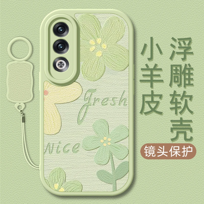 油画绿花适用OPPOk12手机壳k11小羊皮K10Pro/k12Plus/k11x防摔k7