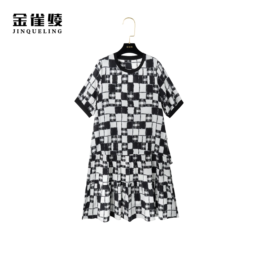 金雀绫【棋盘格】桑蚕丝真丝圆领显瘦设计师感宽松连衣裙AL6066
