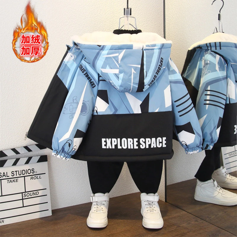 男童秋冬款连帽加绒加厚棉衣外套女宝拼接太空字母洋气派克服上衣