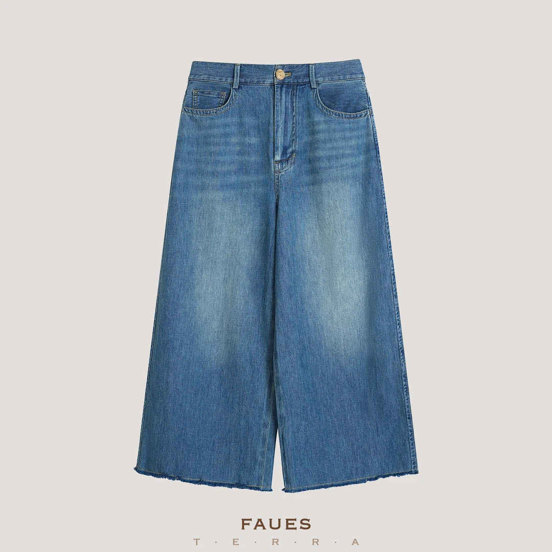 FAUES  8盎司超轻薄原生态汉麻匹马棉复古丹宁九分须边宽松牛仔裤