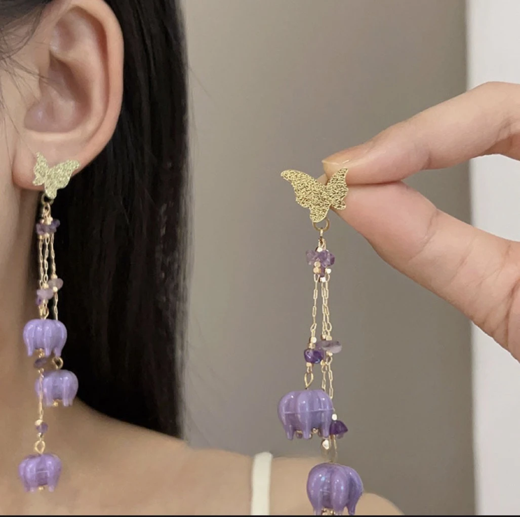 （烟紫铃兰）爆款必入！蝴蝶紫象超仙流苏耳饰气质款耳饰