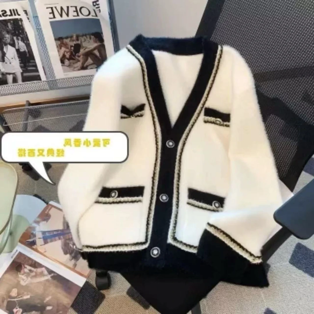 D19女装小香风V领针织开衫软糯毛衣外套