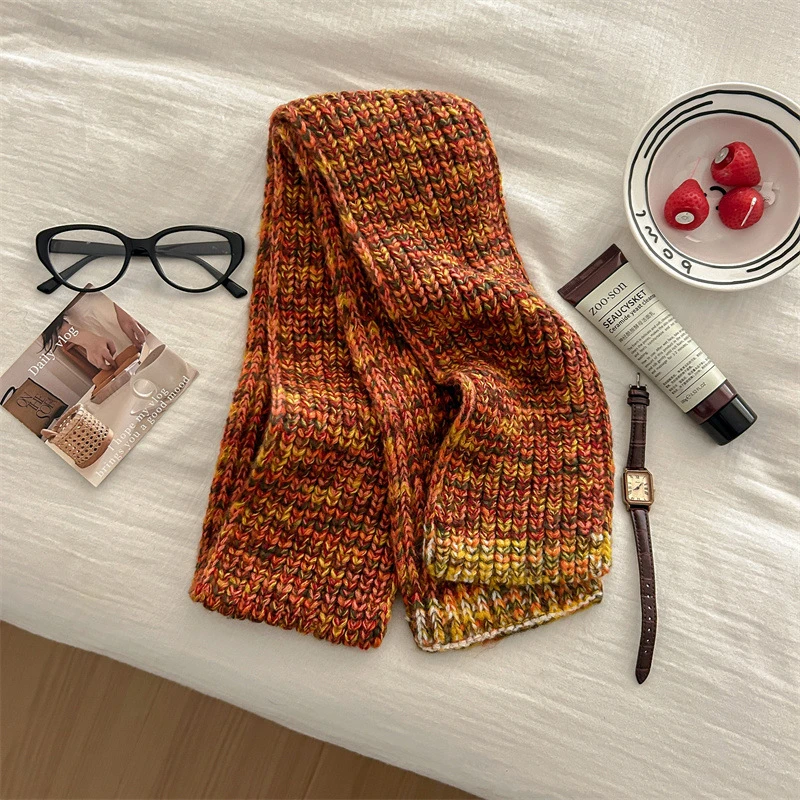 秋冬新款韩版网红撞色针织窄版小围巾女时尚百搭学生简约保暖围脖