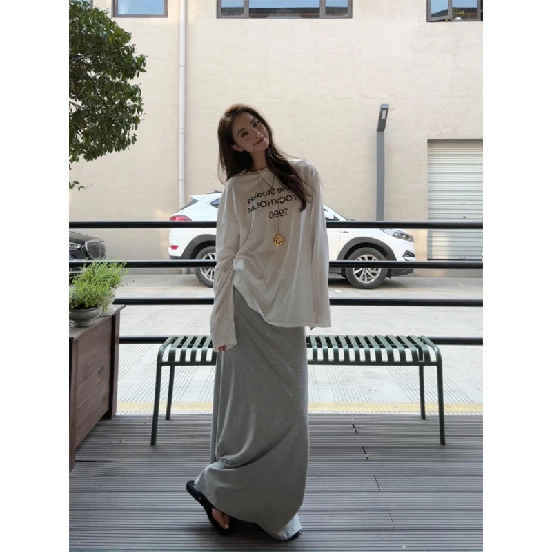 随性慵懒微透长袖防晒字母T恤半身裙垂感宽松软糯休闲简约A字长裙