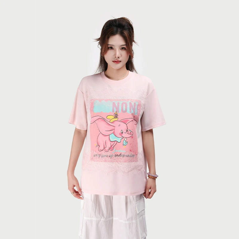 RCTX034289时尚设计感小飞象印花T恤女2026年春蕾丝字母短袖上衣