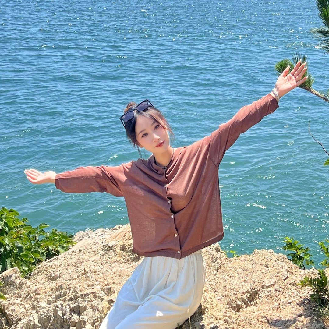 柞蚕丝春夏连帽纯色开衫慵懒风薄款防晒真丝针织衫空调衫1636