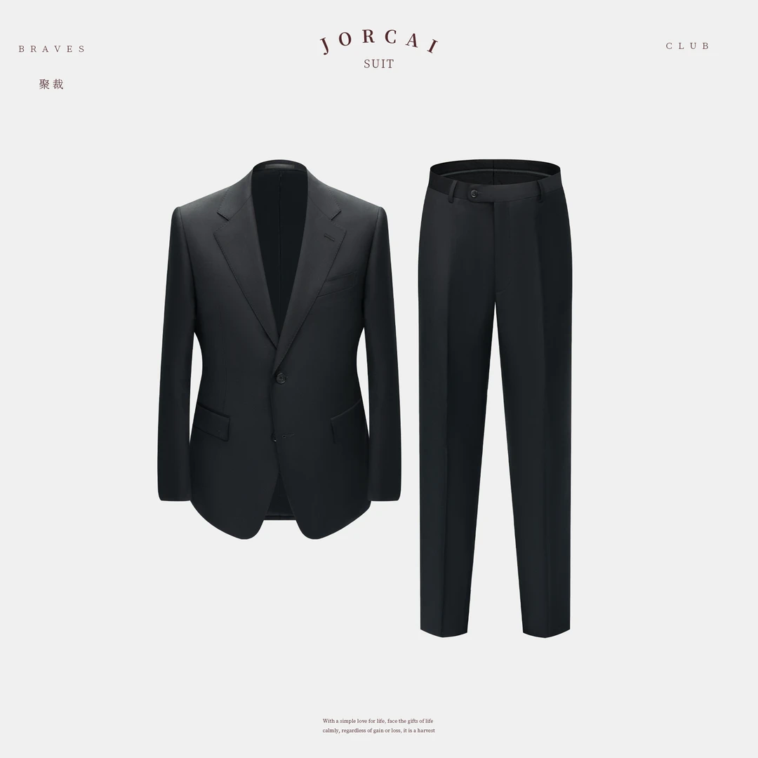 JORCAI聚裁男士修身时尚黑色110支美利奴羊毛西装半麻工艺套装
