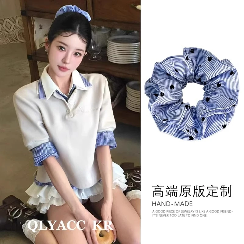 日韩氛围感立体花边头花发圈韩国客订蓝色条纹爱心印花大肠圈