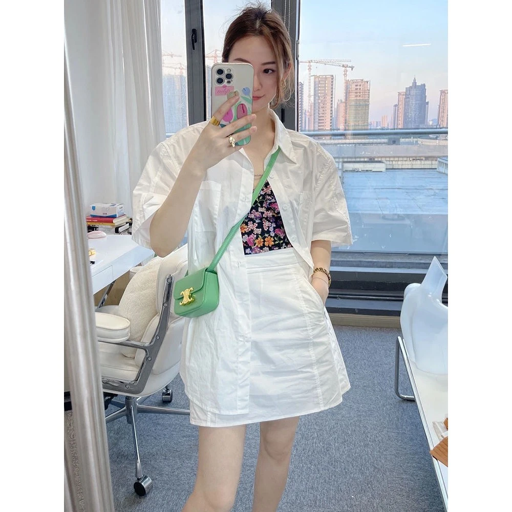 精致特大码300斤时尚套装女夏季宽松短袖衬衫高腰半身短裙两件套