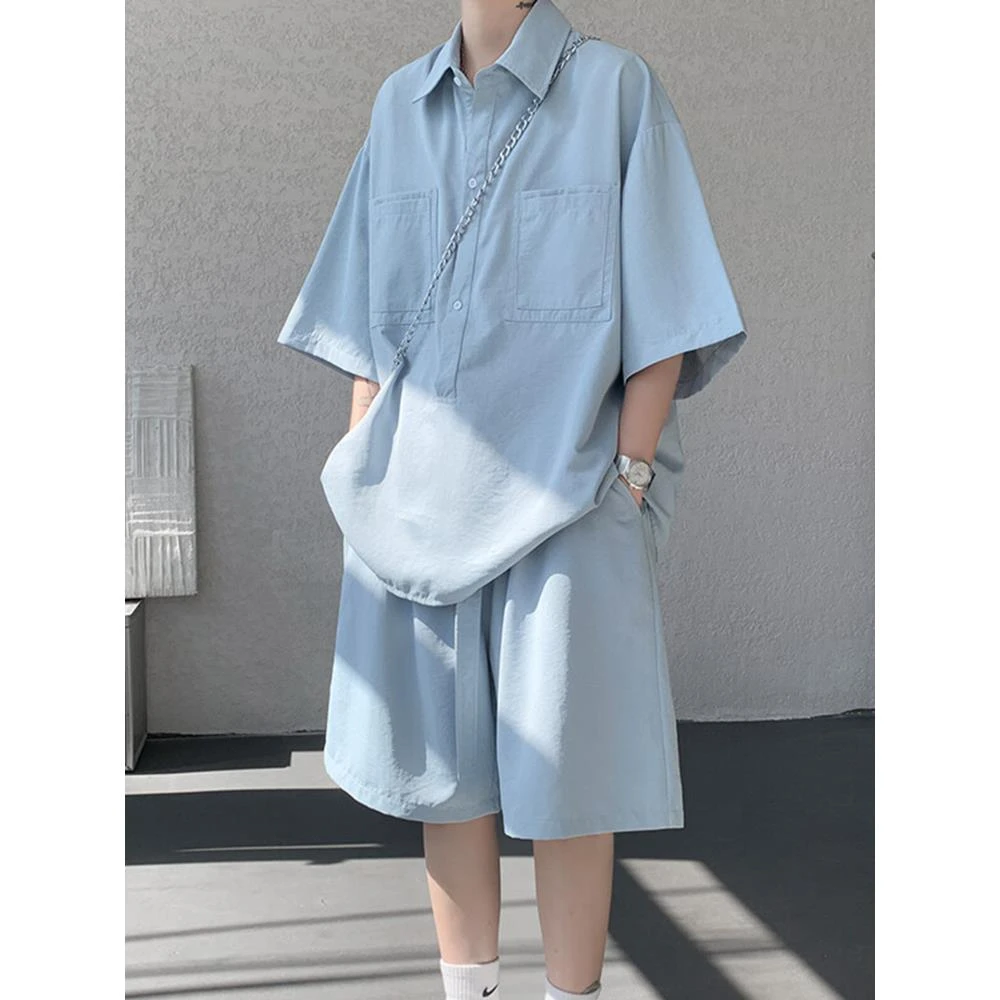 冰丝工装休闲套装男夏季青少年速干两件套宽松POLO衫短裤一套搭配