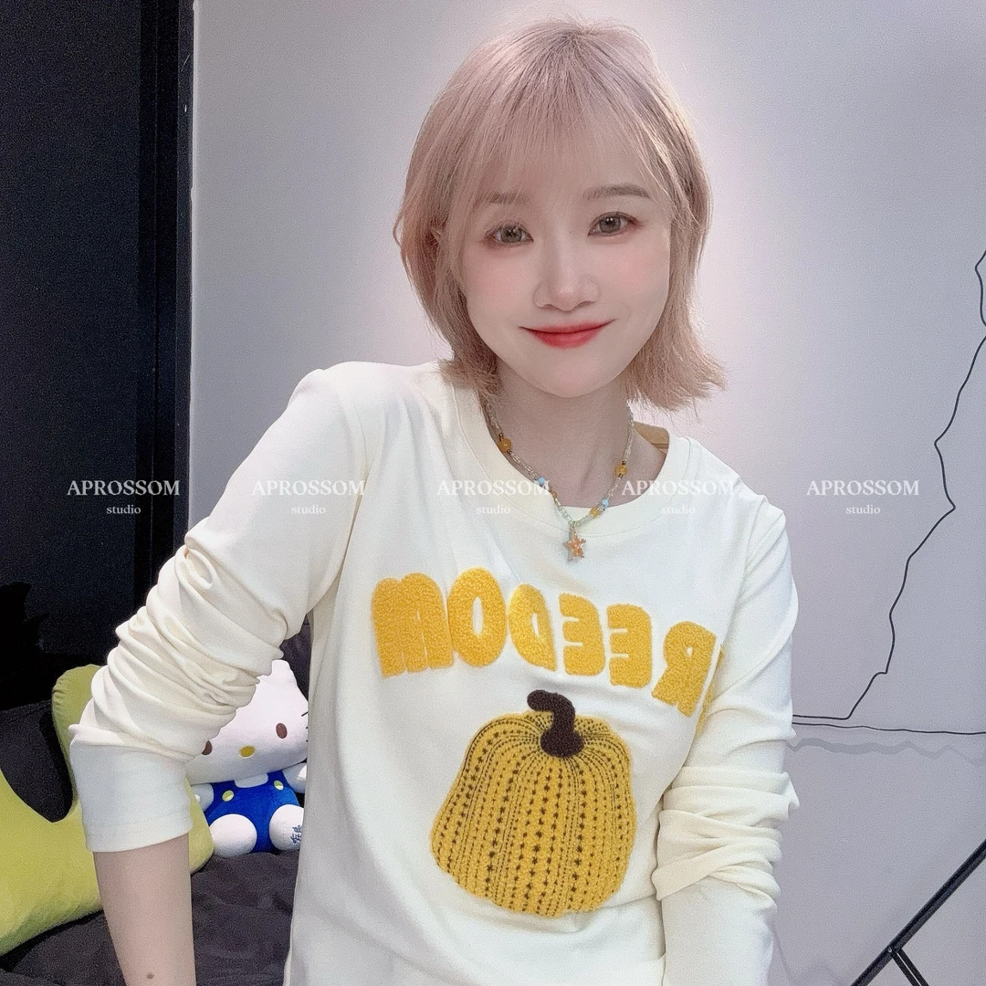 Apr.【南瓜T】显瘦百搭正肩重工毛巾刺绣休闲圆领时尚T恤女25ST164