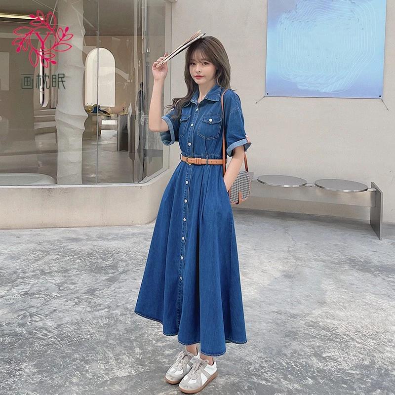 画枕眠牛仔连衣裙女夏季新款韩版中长款显瘦气质a字裙过膝衬衫裙