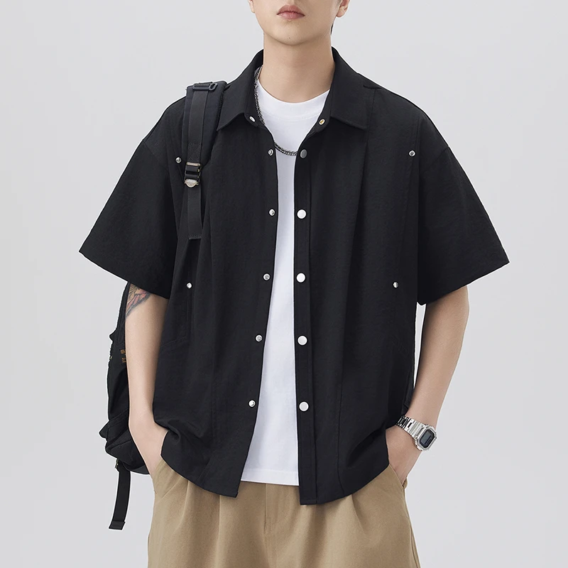设计感工装短袖衬衫男款夏季薄款少年感高街潮流痞帅铆钉外套