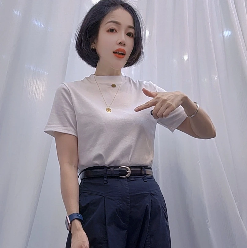 圆领立领纯色T恤女2025早秋韩版休闲时尚百搭修身显瘦短袖上衣潮