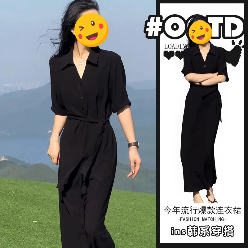 夏季超火新款高冷御姐风连衣裙长款女高级感独特黑色收腰显瘦长裙
