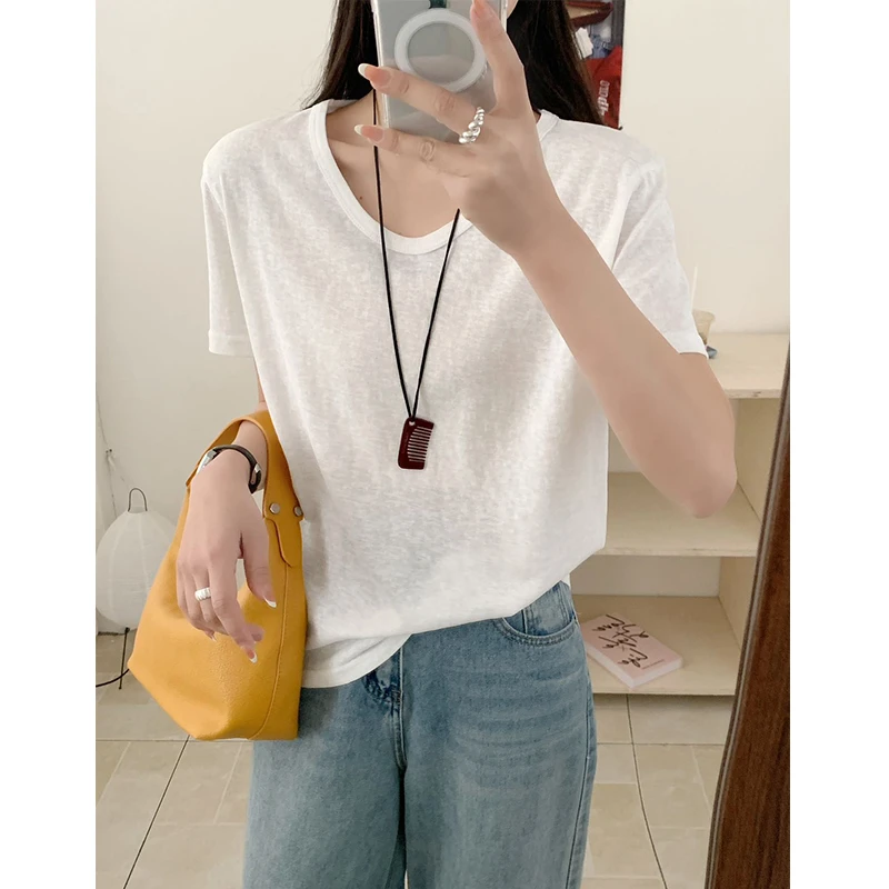 清仓【 亚麻棉鹅蛋领T恤】 夏季薄款凉感透气显瘦舒适透气宽松T恤女