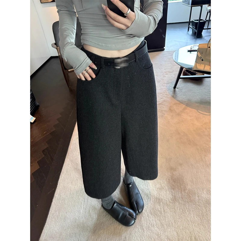 复古碳黑灰毛呢阔腿裤女秋冬新款高腰小个子显腿直宽松八分直筒裤