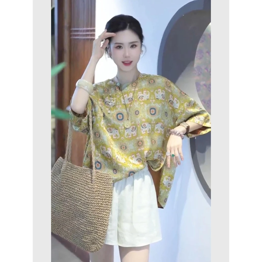 国风黄色印花小衫2025新款今年流行爆款高知清冷感绝美设计感上衣