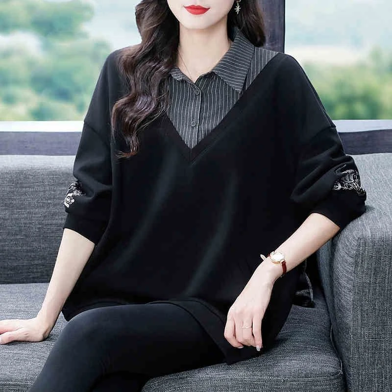 假两件宽松拼接翻领卫衣2025春新款显瘦遮肉时尚设计感妈妈装上衣