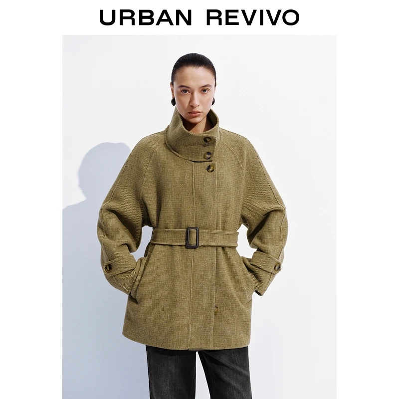 UR2025冬季新款女装琥珀流光风格纹腰带大衣外套UWH150080