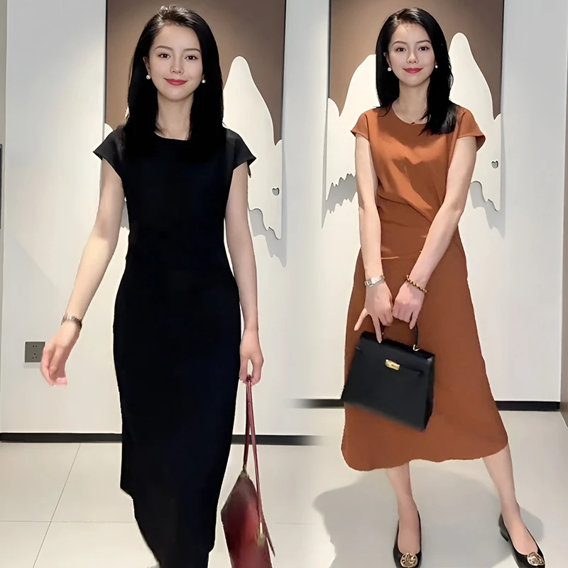 2025显瘦开叉包臀夏装连衣裙名媛长裙港风夏季收腰裙修身纯色