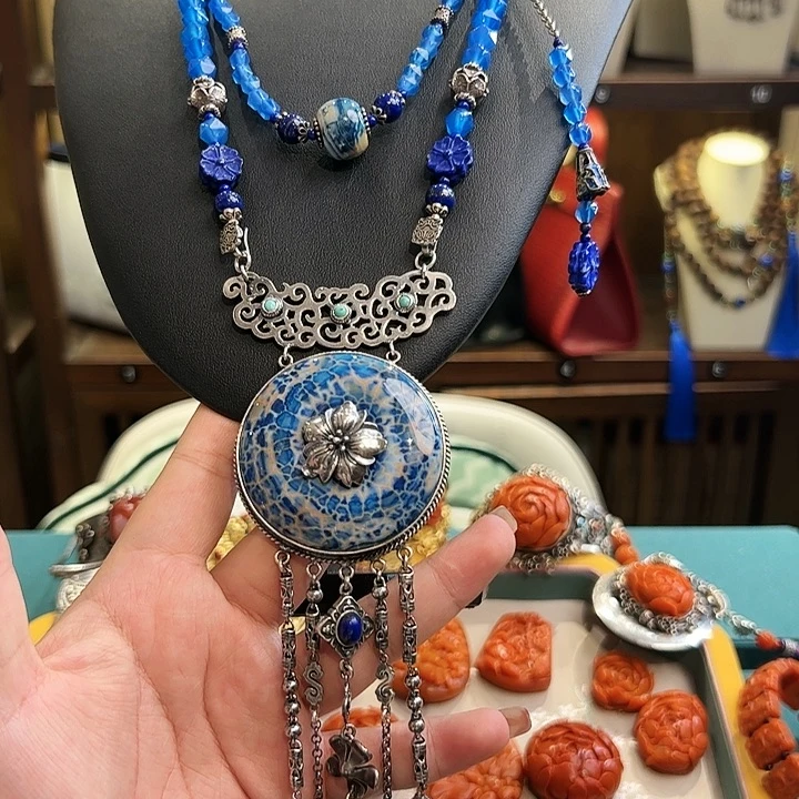 玛瑙颈饰银S925镶嵌古风