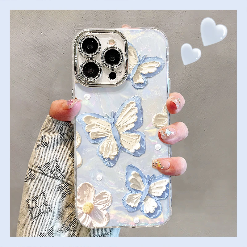 油画蝴蝶适用苹果15promax华为oppo小米iPhone16精孔贝壳纹手机壳