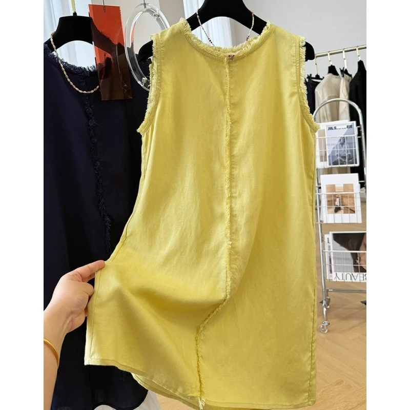 高级感时尚设计感流苏毛边无袖连衣裙女夏季气质中长款背心裙子薄