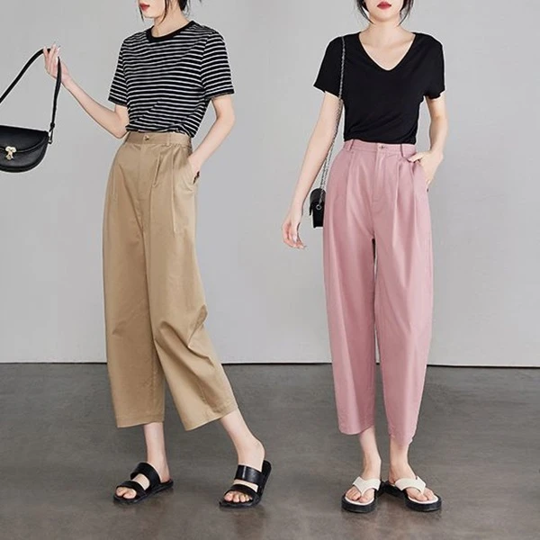 夏季薄款九分休闲裤镰刀裤女2025新款宽松显瘦小个子阔腿直筒裤子