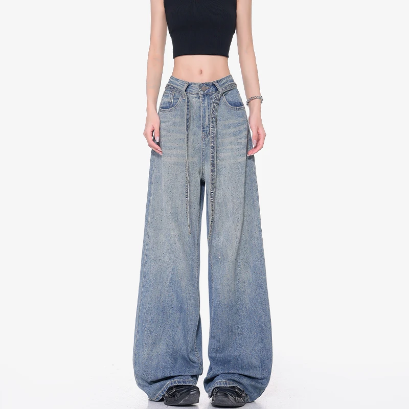 KEN STUDIO夏季新款蓝色满天星烫钻牛仔裤女高腰猫须宽松阔腿长裤