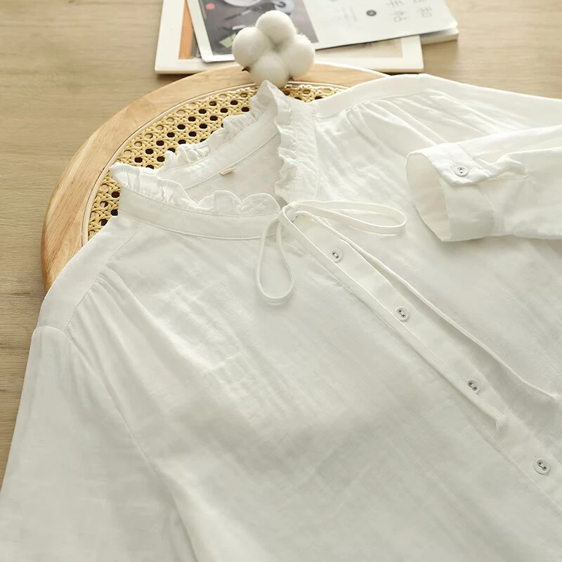 85191设计感木耳边系带双层纱白衬衣软糯纯棉亲肤衬衫立领上衣