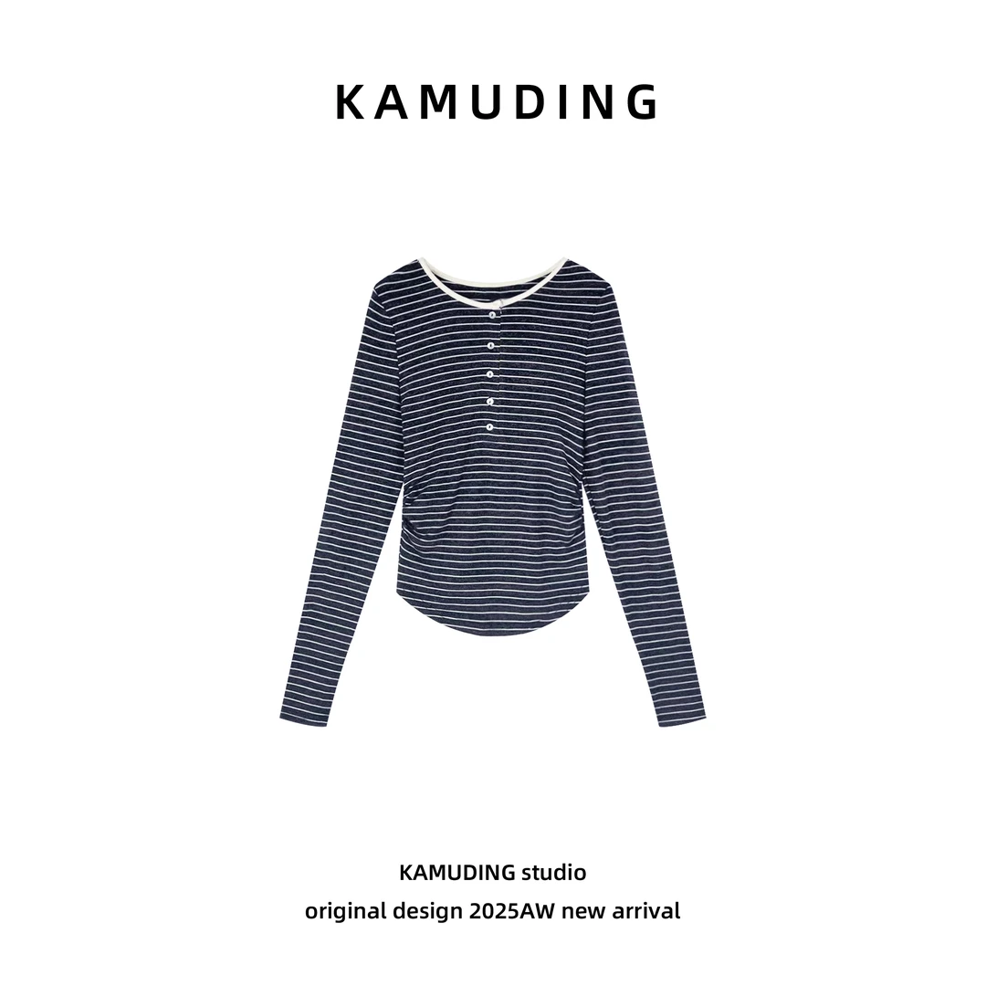 KAMUDING2025新款Y61设计师深灰色长袖简约打底条纹25253