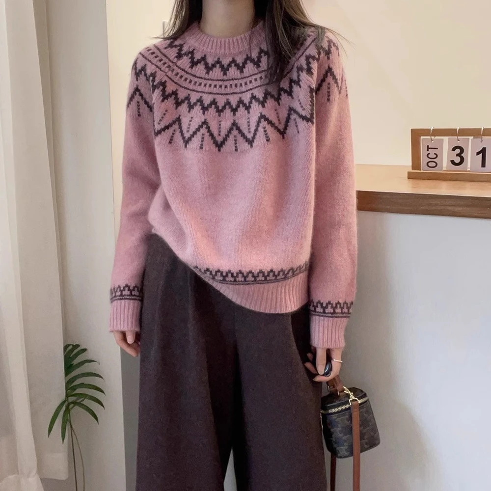 秋冬装复古波浪花纹软糯针织衫女秋冬新款宽松加厚毛衣慵懒风上衣