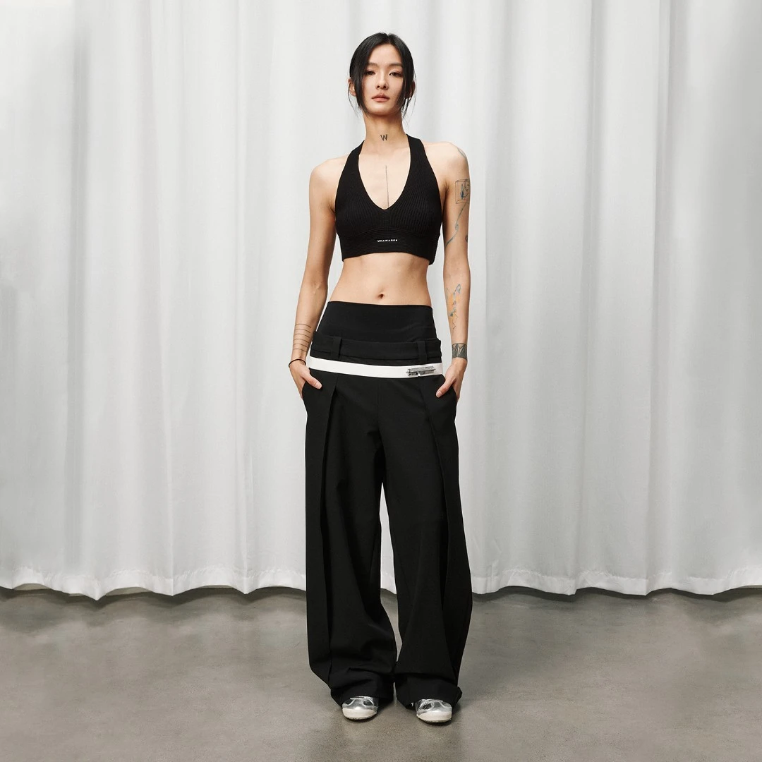 Unawares.插销扣双层腰头叠穿廓形收脚西裤